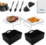 Covlongyu Air Fryer Accessoires, 10 STKS Dual Air Fryer AF300UK, AF400UK, met lucht friteuse Liners Mand & Air Fryer Rack & Siliconen Oven Handschoenen & Voedsel Clip & Olie Borstel, Keuken Koken