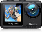 Actie Camera WOLFANG GA420 4K 60FPS met touchscreen 24MP WiFi onderwatercamera, 10M kale waterdichte/40M waterdichte helmfietscamera met EIS, afstandsbediening, 2x1350mAh batterijen, accessoirekit