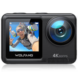 Actie Camera WOLFANG GA420 4K 60FPS met touchscreen 24MP WiFi onderwatercamera, 10M kale waterdichte/40M waterdichte helmfietscamera met EIS, afstandsbediening, 2x1350mAh batterijen, accessoirekit