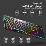 Redragon K618 Horus mechanisch RGB-toetsenbord, Bluetooth/2,4 GHz/bekabeld, tri-mode, platte toetsen, gamingtoetsenbord met draadloze verbinding, speciale media-besturing en lineaire rode schakelaar