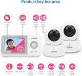 VTech VM923-2 Babyfoon, 2,8 "scherm, 304,8 m bereik, Pan-Tilt-Zoom, Nachtzicht, 2-Weg Audio, Temperatuursensor, Slaapliedjes, Beveiligde Transmissie Geen WiFi