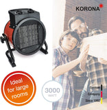 Korona 60002 Elektrische ventilatorkachel, keramische verwarmingstechnologie, krachtige ventilatorventilator, 2-in-1 ventilatorkachel en ventilator, 3.000 watt, voor grote ruimtes, bouwplaats, garage,