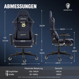 Dowinx Gaming stoel, bureaustoel met zijdeachtig gladde grote wielen, massage gamingstoel met luxe suède stof, 90-165 graden, 150 kg, blauw-zwart