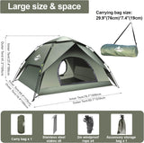 Campingtent, automatische instant tent, 2-3 personen, pop-up tent, dubbellaags, waterdicht en winddicht, ultralichte koepeltent, uv-bescherming, eenvoudige installatie voor trekking, gezinnen, rugzakreizen