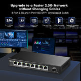 MokerLink 8-poorts 2.5G Ethernet Switch met 10G SFP, 8 x 2.5G Base-T-poorten compatibel met 10/100/1000 Mbps, metalen onbeheerde ventilatorloze netwerkswitch