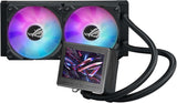 ASUS ROG Ryujin III 240 ARGB all-in-one liquid CPU cooler with 3.5" LCD, Asetek 8th gen pump, pump embedded fan and ROG 120mm magnetic daisy-chainable ARGB radiator fans.