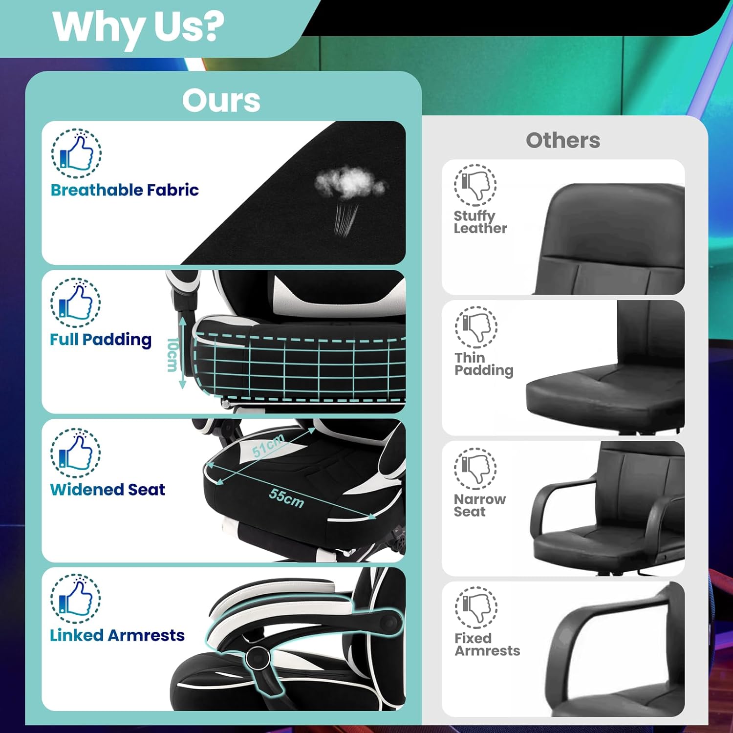 WOLTU GS03sw Gamingstoel met pocketveringkussen, ergonomisch, brede zitting, voetensteun, bureaustoel, gamingstoel, 150 kg belastbaar, computerstoel, draaibaar, Leathaire-stof, zwart + wit