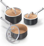 Ninja Extended Life 3-delige keramische kookpannenset (16,18 & 20 cm pan), antiaanbaklaag (zonder PFA's, PFOA's, lood, cadmium), geschikt voor inductie, ovenvast tot 285 °C, terracotta & grijs