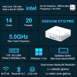 GEEKOM Mini PC XT12, Intel i9-12900H (14 kernen, 20 threads, 24 MB cache, 5,0 GHz) NUC Desktop, Mini WLAN 6E, 32 GB DDR4 Windows 11 Pro 1 TB NUC, 2 x USB4 | 8K UHD