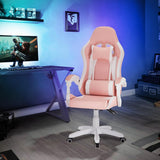 LEMROE Gamingstoel met massage lendenkussen PU-leer ergonomische professionele videogame racestoel met verstelbare hoge rugleuning en hoofdsteun draaistoel voor thuiskantoor (roze met stimulator)