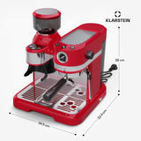 Klarstein Bella Café Bean-to-Cup Coffee Machine - 19 Bar, 1550 W, Integrated Grinder 200 g, Reservoir 1.4 L, Milk Frother, Thermoblock, Inserts for 2 Cups, Red