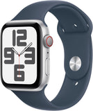 Apple Watch SE (2e generatie, 2023) (GPS + Cellular 44 mm) Smartwatch - Kast van zilverkleurig aluminium - Stormblauw sportbandje M/L. Conditie en slaap bijhouden, ongelukdetectie, hartritme monitoren