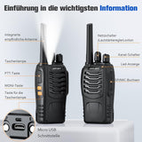 JUCJET 88E Walkie Talkie, licentievrije PMR446 16-kanaals radio, handheld radio met ingebouwde LED-zaklamp. 2-in-1 Type-C oplaadkabel met USB-oplaadstation en headset (zwart, 2 stuks)