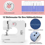 Mechanische naaimachine voor beginners en beginners, 12 steekprogramma's, vrije arm, naailicht & elektrische voetstarter met voetpedaal en naaiset - (nieuwste gladde versie)