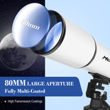 MEEZAA Telescoop voor volwassenen astronomie, 80 mm diafragma 600 mm refractortelescoop voor kinderen en beginners, multi-coated optica hoge transmissie telescopen met statief en telefoon adapter