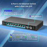 10 Port 2.5Gb Unmanaged Ethernet Switch met 8* 2.5G Base-T Poorten, 2* 10G SFP+ Poorten. GiGaPlus 2.5Gbps Netwerkschakelaar voor 2.5Gbps NAS/PC, WiFi6 Router, Draadloze AP. Ontwerp zonder ventilator,