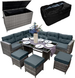 Grijs Rattan Hoek Dining Set & Tuinopbergbox 9-Zitter L Bank Krukken Glazen Tafel Grote Kussens Meubelkist 582L Buiten Patio Stalen Frame UV-bestendig GRATIS Waterdichte Draagtas & Regenhoes