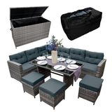 Grijs Rattan Hoek Dining Set & Tuinopbergbox 9-Zitter L Bank Krukken Glazen Tafel Grote Kussens Meubelkist 582L Buiten Patio Stalen Frame UV-bestendig GRATIS Waterdichte Draagtas & Regenhoes