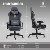 Dowinx Gaming stoel, bureaustoel met zijdezachte grote wielen, massage gamingstoel met luxe suède stof, 90-165 graden, grijs