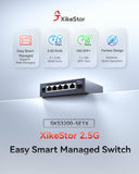 XikeStor 6-poorts 2.5G webbeheerde Ethernet-schakelaar, VLAN/QoS/STP/IGMP/LACP ondersteund, Fanless Easy Smart 2.5Gb netwerkschakelaar, Aluminium behuizing, Desktop/wandmontage