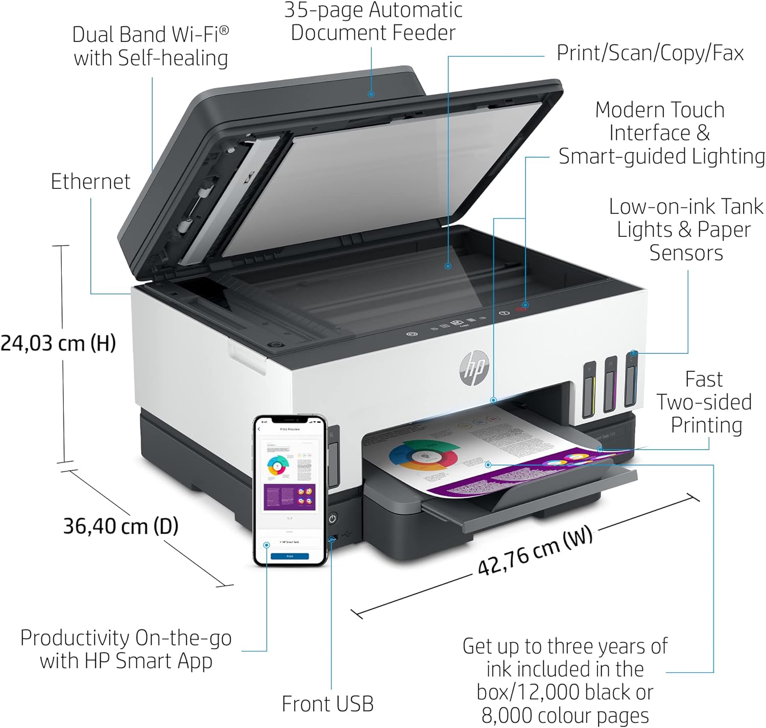HP Smart Tank 7605 28C02A Multifunctionele printer A4 met navulbare inkthouder, kleurenafdrukken, scanner, kopieerapparaat, fax, wifi, HP Smart App, wit/zwart