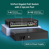 10-poorts gigabit PoE-switch met 8 PoE-poorten, VIMIN 8-poorts Unmanaged 10/100/1000 Mbps netwerk PoE-switch met 2 uplinkpoorten, AI Watchdog, VLAN, 250 m, ondersteunt IEEE802.3af/at