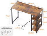 ODK Klein bureau, 100 x 40 x 75 cm, computertafel met 3 stopcontacten en USB & type C-oplaadaansluiting, pc-tafel met omkeerbaar rek, tafel, klein, voor kantoor, woonkamer, bruin