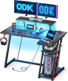 ODK Gaming Bureau, L-Vormige Gaming Bureau met LED en Stopcontacten, Gaming Hoekbureau met Monitorstandaard, PC Computer Bureau met Opbergruimte, Carbon Fiber Zwart 100 cm