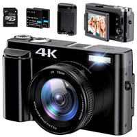 Digitale camera 4K 48MP camera fotocamera met 32GB kaart, compacte camera autofocus 3" 180° flip screen fototoestel voor reizen met 2 batterijen, digitale camera 16x digitale zoom met flitser