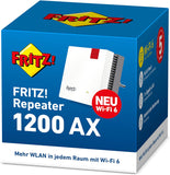 DOOR FRITZ! Repeater 1200 AX (Wi-Fi 6-repeater) uitgerust met twee radio-eenheden (5 GHz-band (tot 2.400 Mbps), 2,4 GHz-band (tot 600 Mbps), Duitstalige versie)