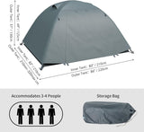 YITAHOME Campingtent voor 3-4 personen, waterdichte dubbellaagse backpackingstent met twee deuren, koepeltent met ledverlichting of veranda-steunstang voor reizen, strand, wandelen, buiten