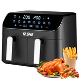 YASHE 9L dubbele friteuse met 8-in-1 kookstanden, 2 lades, dubbele friteuse met touchscreen, sync koken en afwerking, timerfunctie, vaatwasmachinebestendig, gezonde olievrije en vetarme