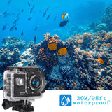 Jadfezy Actiecamera 1080P, 12 MP en groothoek, 30 m onderwatercamera met 2 x 900mAh batterijen met grote capaciteit en montageaccessoires voor helm en fiets enz.