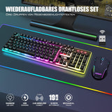 RedThunder K10 Draadloos Gamingtoetsenbord en Muisset, QWERTZ DE-lay-out, 3000mA Batterijcapaciteit Draadloos Toetsenbord en 3200 DPI Gamingmuis voor Gamers (Zwart)