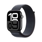 Apple Watch Series 10 (GPS 46 mm) Smartwatch - Kast van gitzwart aluminium - Inkt geweven sportbandje. Conditie bijhouden, Ecg-app, always on Retina-display, CO?-neutraal