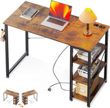 ODK Klein bureau, 100 x 40 x 75 cm, computertafel met 3 stopcontacten en USB & type C-oplaadaansluiting, pc-tafel met omkeerbaar rek, tafel, klein, voor kantoor, woonkamer, bruin