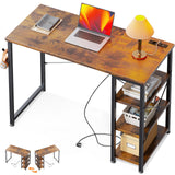 ODK Klein bureau, 100 x 40 x 75 cm, computertafel met 3 stopcontacten en USB & type C-oplaadaansluiting, pc-tafel met omkeerbaar rek, tafel, klein, voor kantoor, woonkamer, bruin