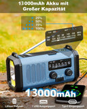 13000mAh Noodradio met Dynamo Crank, Oplaadbare Batterij, Draagbare AM FM-radio, 3 Modi camping Zaklamp, 5W 700LM 48 COB LED-leeslampje, Mobiele Telefoon Oplader Powerbank, SOS Alarm, IPX4 waterdicht