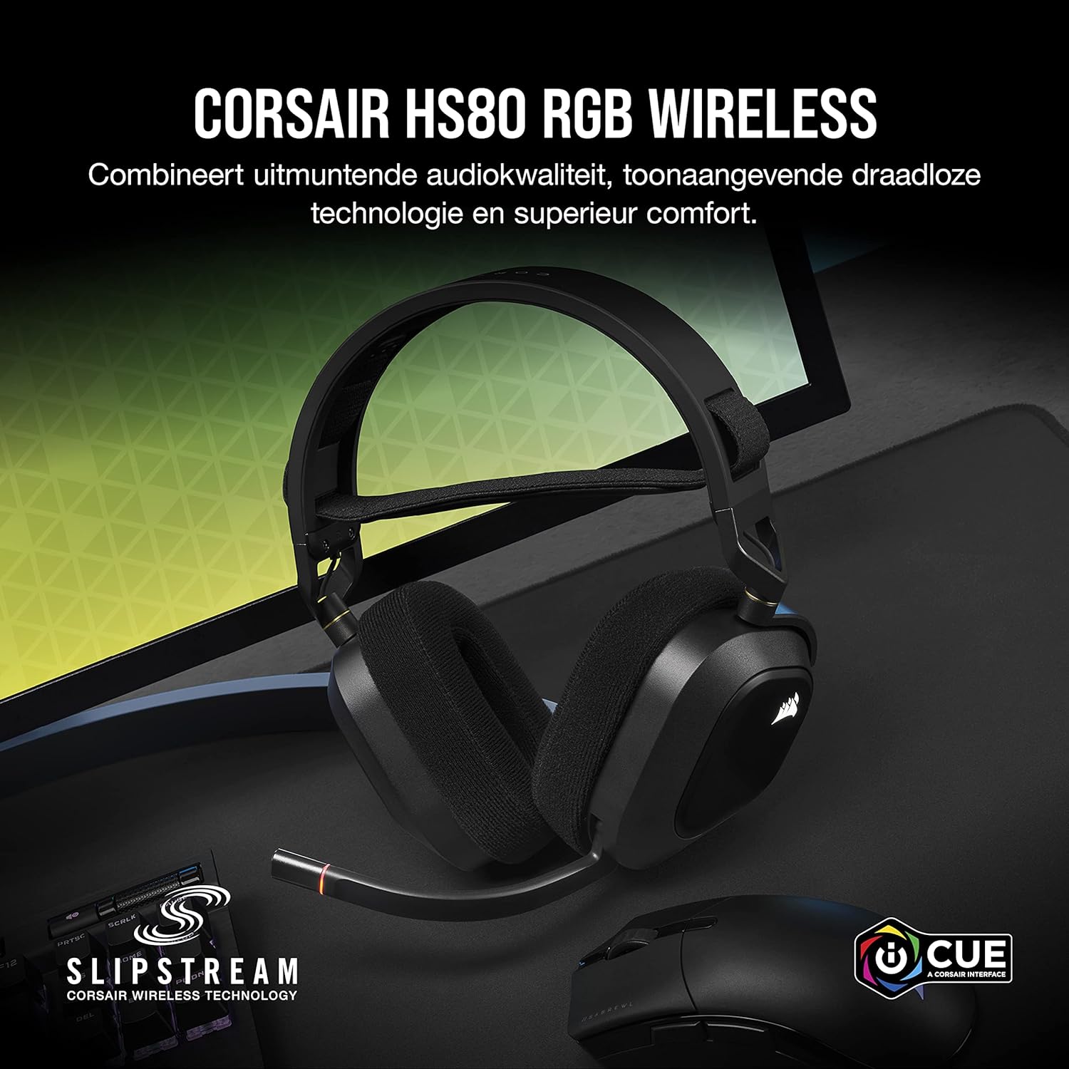 Corsair HS80 RGB WIRELESS Hoogwaardige Gamingheadset met Ruimtelijke Audio (Lage Latentie, Omnidirectionele Microfoon, Batterijduur van wel 20 uur, Draadloze compatibiliteit met PS5 en PS4) Zwart
