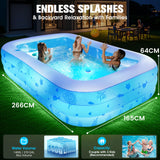 DeeprBling Inflatable Pool with Seat and Pool Lighting, 265 x 165 x 63.5 cm, Large Inflatable Swimming Pool for Adults, 1400 L Thick Inflatable Garden Pool, Family Pool for Outdoor Garden