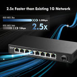 MokerLink 8-poorts 2.5G Ethernet Switch met 10G SFP, 8 x 2.5G Base-T-poorten compatibel met 10/100/1000 Mbps, metalen onbeheerde ventilatorloze netwerkswitch