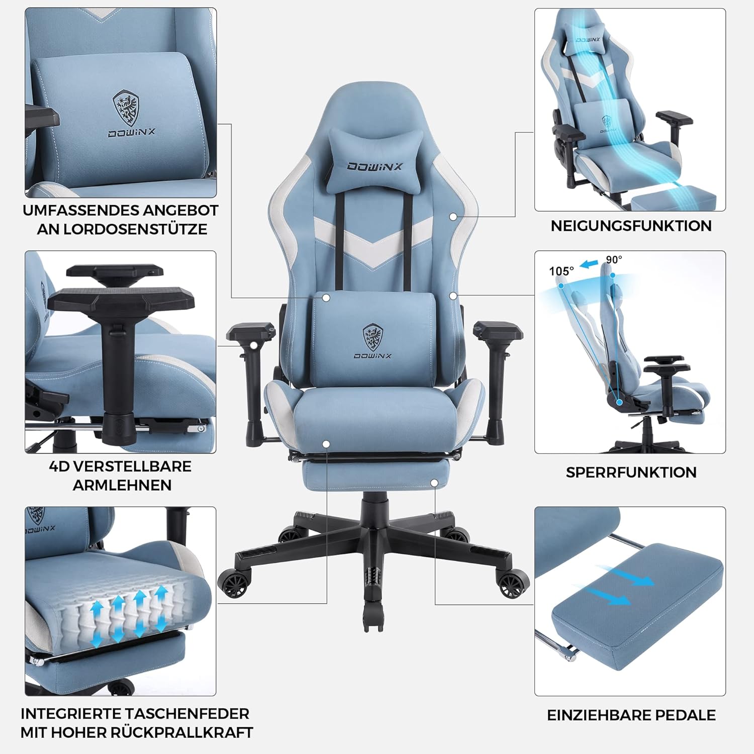 Dowinx Bureaustoel, gamingstoel, stof, ergonomische gamingstoel, massagestoel met voetensteun, hoofdsteun, lendenkussen, gamingstoel, draaistoel (hemelsblauw)