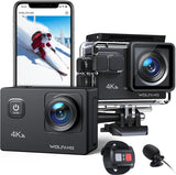 WOLFANG Action Cam GA100 4K 30FPS actiecamera WiFi camcorder 20MP waterdichte onderwatercamera 40M met dubbele microfoon, afstandsbediening, anti-vibratie,accu 2 x 1050mAh, verschillende accessoires