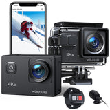 WOLFANG Action Cam GA100 4K 30FPS actiecamera WiFi camcorder 20MP waterdichte onderwatercamera 40M met dubbele microfoon, afstandsbediening, anti-vibratie,accu 2 x 1050mAh, verschillende accessoires