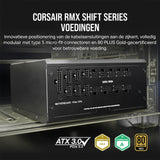 Corsair RM1200x SHIFT Volledig Modulaire ATX-Voeding - Interface Modulaire Zijde - Conform aan ATX 3.0 en PCIe 5.0 - Zero RPM-Fanmodus - 80 PLUS Gold Efficiency - Zwart 1200 Watts