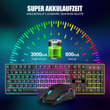 RedThunder K10 Draadloos Gamingtoetsenbord en Muisset, QWERTZ DE-lay-out, 3000mA Batterijcapaciteit Draadloos Toetsenbord en 3200 DPI Gamingmuis voor Gamers (Zwart)