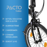 PACTO Three Vouwfiets - 20 Inch - 27 cm Aluminium frame - 6 Shimanoversnellingen - opvouwbare stadsfiets - eenvoudig op te vouwen in 10 seconden - V-brakes en dubbelwandige aluminium velgen - Zwart