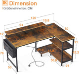 ODK Bureau, L-vormig, hoekbureau, gamingtafel, computertafel, met USB-oplaadpoort en stopcontact, met legplanken, omkeerbaar, met monitorstandaard, voor kantoor of thuiskantoor, bruin, 120 x 80 x 88