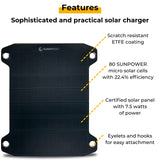 Sunnybag LEAF PRO | Flexibel zonnepaneel | 7,5 watt | USB-poort | Zonnelader voor mobiele telefoon, smartphone, powerbank | Perfect voor wandelen, kamperen, buiten