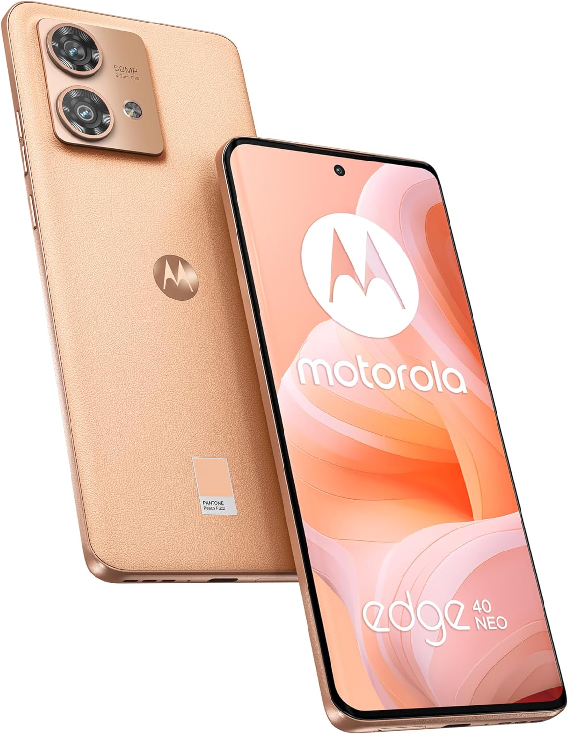 Motorola Edge 40 Neo Smartphone, 12/256 GB, 16,55 cm (6,55 inch), 144 Hz, IP68, 50 MP Ultra Pixel, 68 W Turbopower, Dolby Atmos, Android 13, 5000 mAh, Dual-SIM, Peach Fuzz, ES-versie en PT